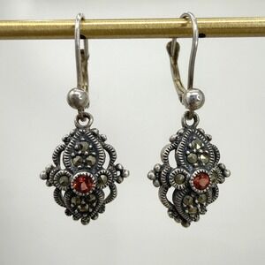 Judith Jack Earrings Sterling Silver Garnet Marcasite Art Deco Drop Leverback